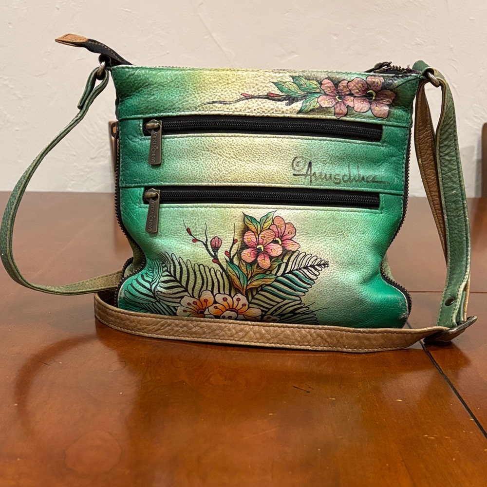 Anuschka Green Adjustable Crossbody Bag with Peacock and Floral‎ Art - Picture 5 of 16